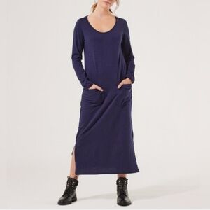 PACT Organic Cotton Easy Slub Long Sleeve Midi Dress Navy XS pockets
